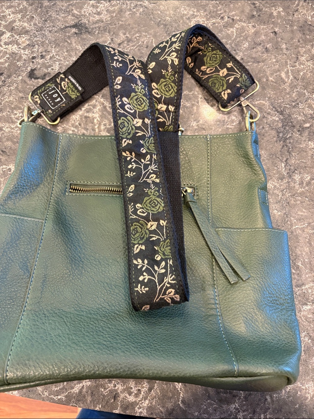 Joy Susan Green Leather Shoulder Bag with Floral Jacquard Strap